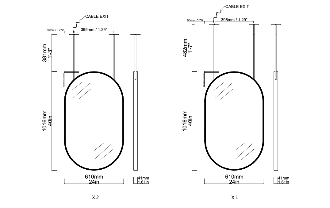 3 x Bespoke Suspended Capsula™ Mirrors Brass Frame Front Illumination   (1016 x 610 x 41mm)