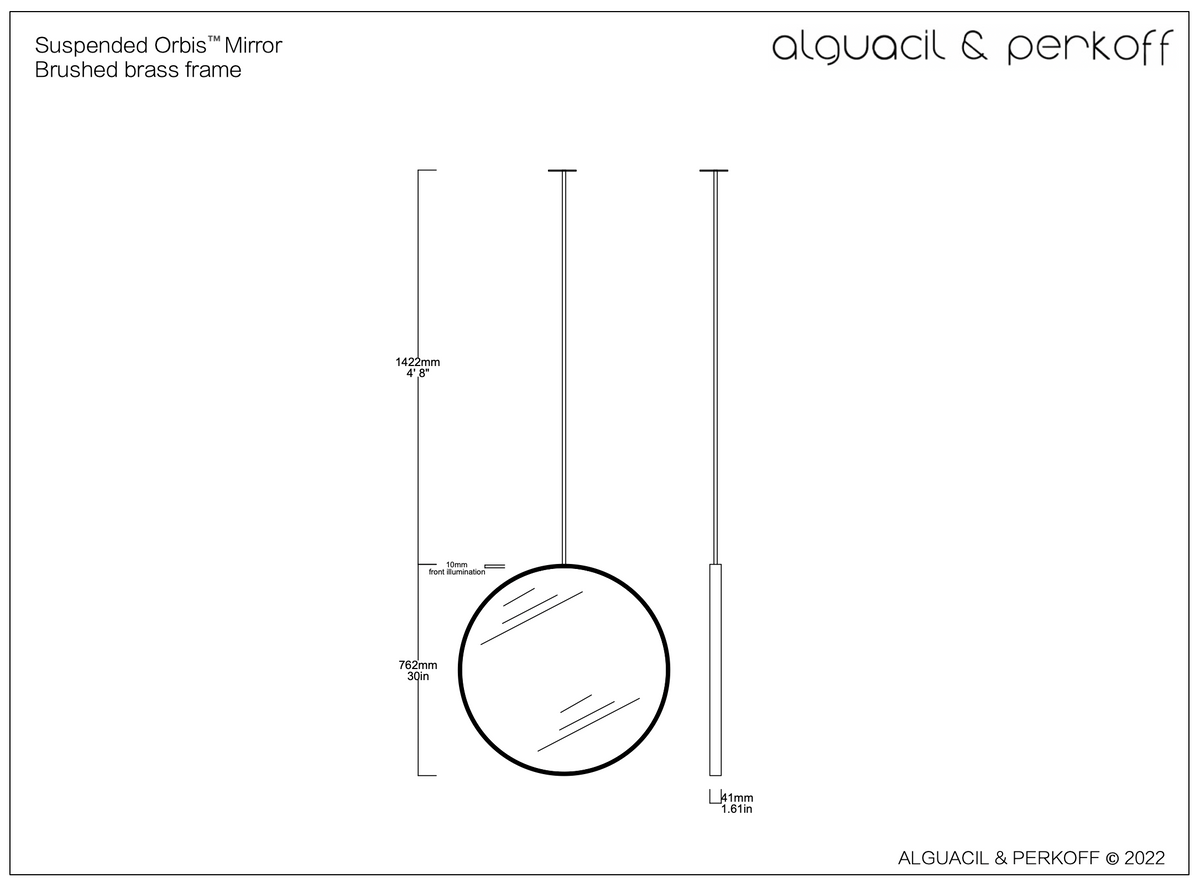 Bespoke suspended Orbis™ round mirror with brass frame and front illumination - 30" Diam