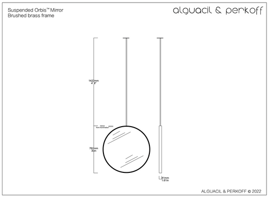 Bespoke suspended Orbis™ round mirror with brass frame and front illumination - 30" Diam