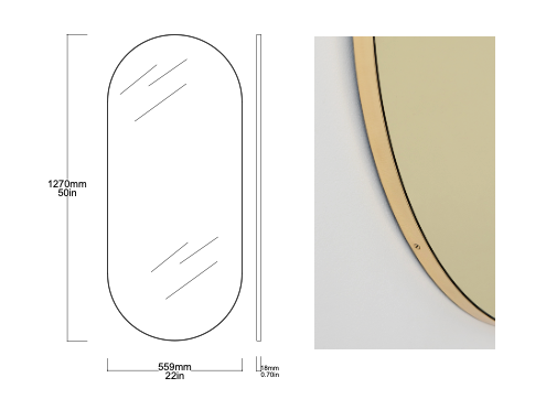 Set of 2 Bespoke Mirrors: 1 x Bespoke Orbis™ Gold Mirror Tint Brushed Brass Frame (1000 x 18mm) and 1 x Bespoke Capsula Gold Mirror Tint Brushed Brass Frame (1270 x 559 x 18mm)   