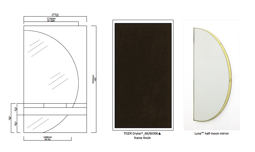 Set of 5 Bespoke Mirrors: 2 sets of 2x Luna™ Half-Moon Mirrors and 1x Suspended Capsula™  Pill Shape Mirror TIGER Drylac®_68/60306 Frame