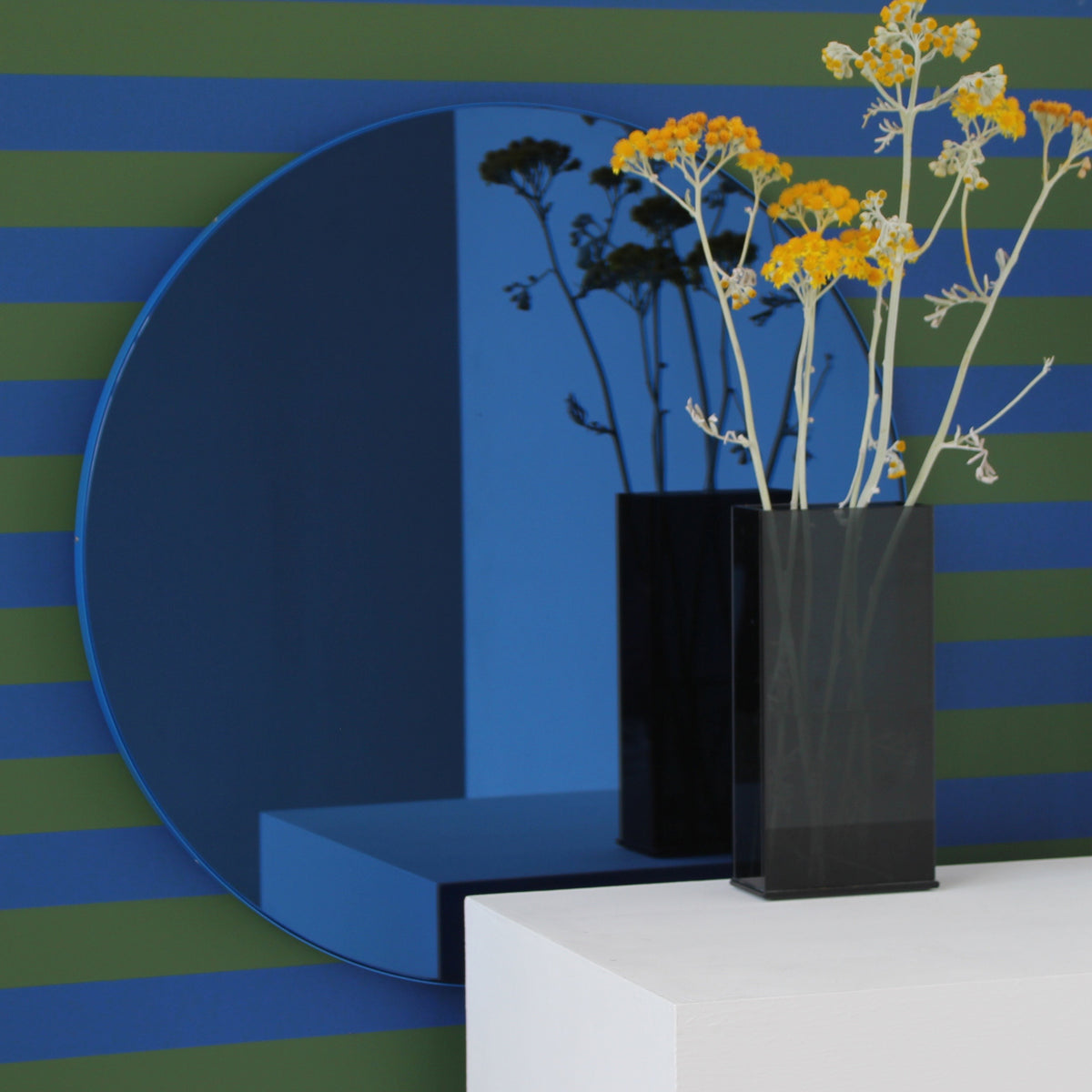 Orbis™ Round Blue Tinted Contemporary Mirror with Blue Frame