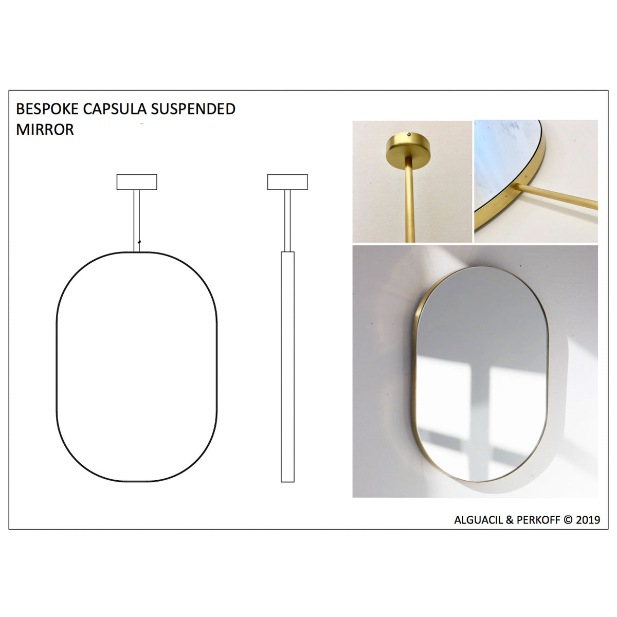 Capsula™ Suspended Capsule shaped Bathroom Mirror with a Brushed Brass Frame